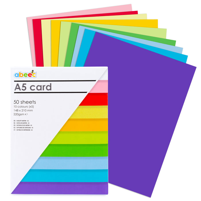 A5 Coloured Card Pack - 50 Sheets