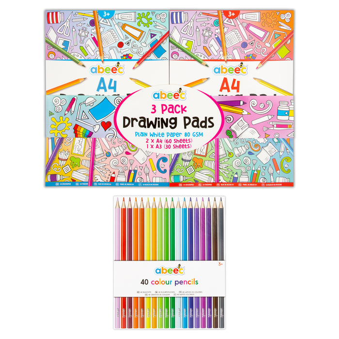 3 x Drawing Pads & 40 Coloured Pencils Gift Pack