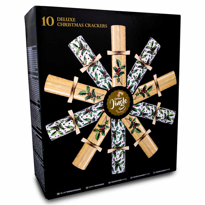 10 Deluxe Christmas Crackers In Gold & White Holly Design